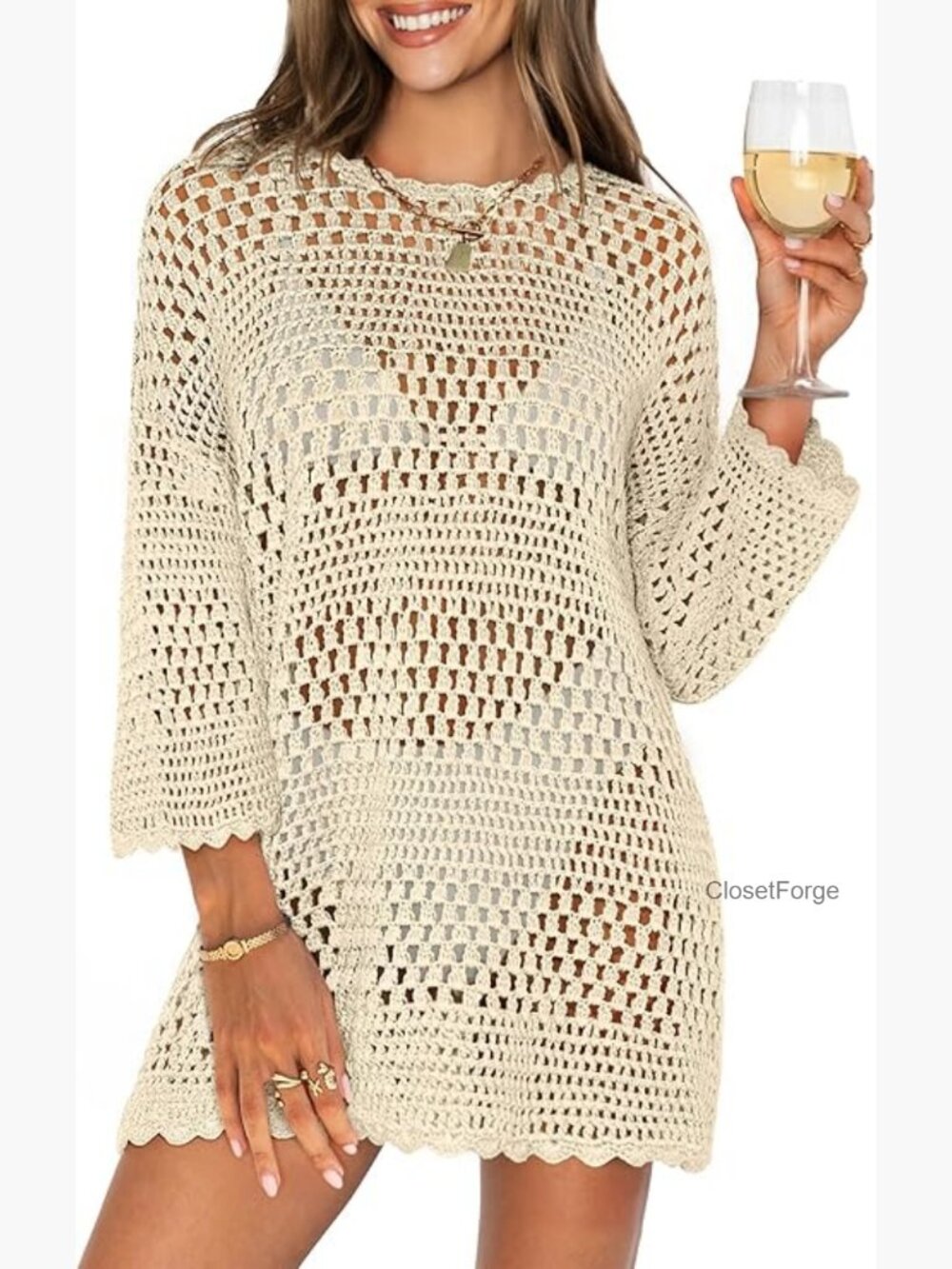Crochet Swimsuit Cover Up Mini Dress 3/4 Sleeve